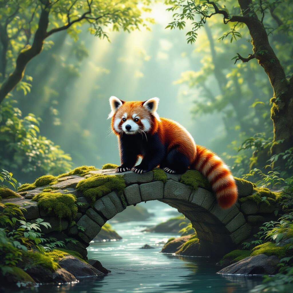 Red Panda on Ancient Bridge in Enchanted Forest