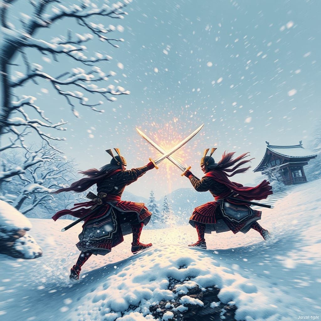 Samurai Clash in Snowy Landscape, Ukiyo-e Style