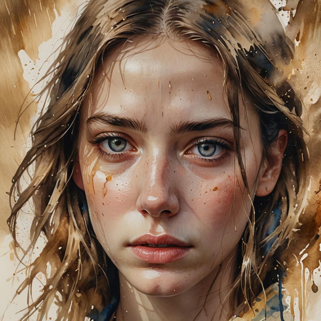 Sad Woman Portrait with Tears in Digital Art Style