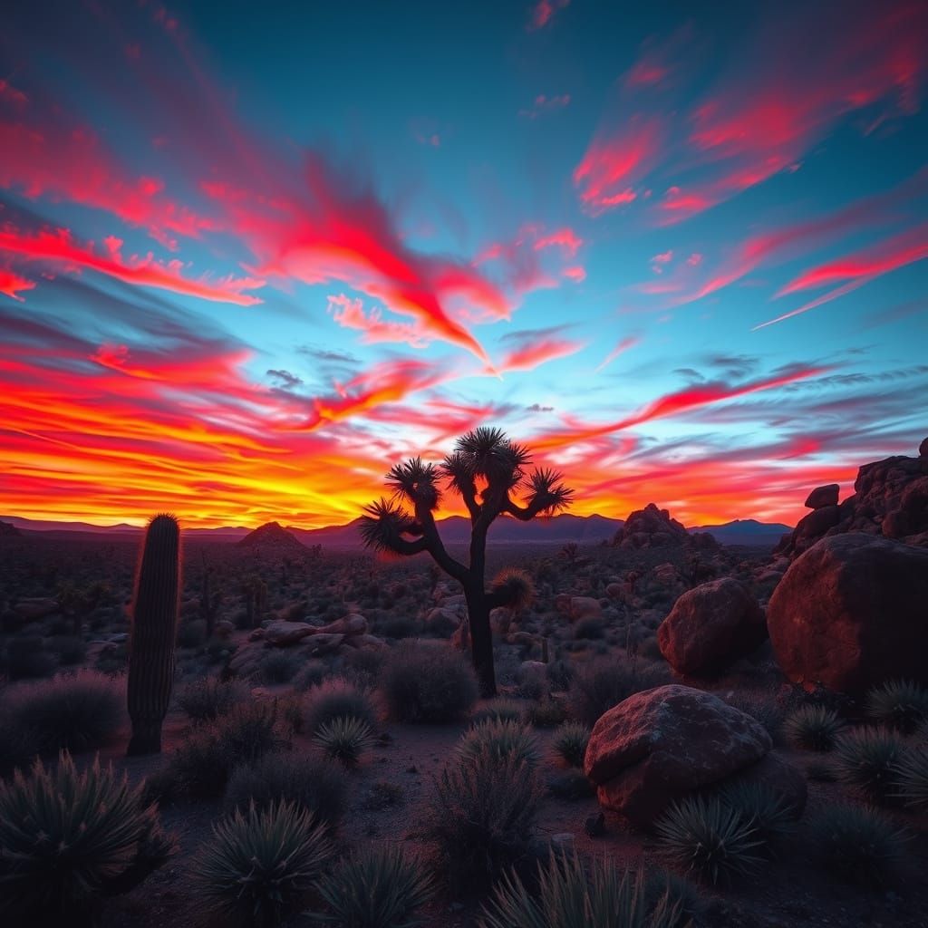Vivid Sunset Over Joshua Trees in Mojave Desert