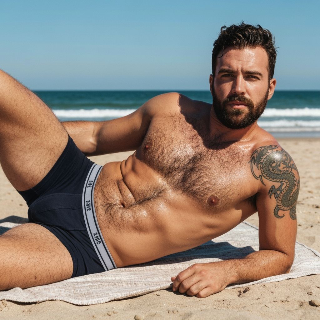hairy chested man lying on his side looking at the camera, o...