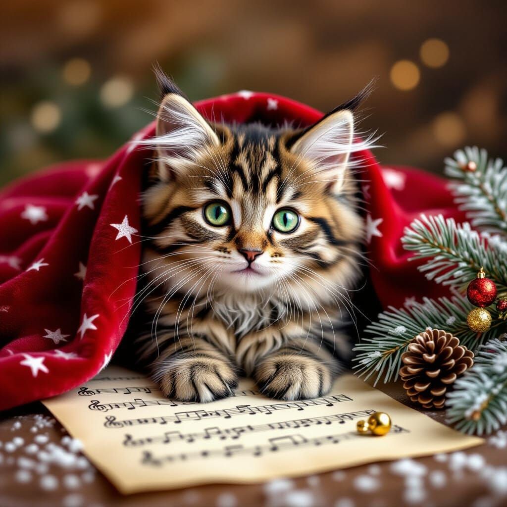 Fluffy Kitten on Velvet Amidst Spruce Branches