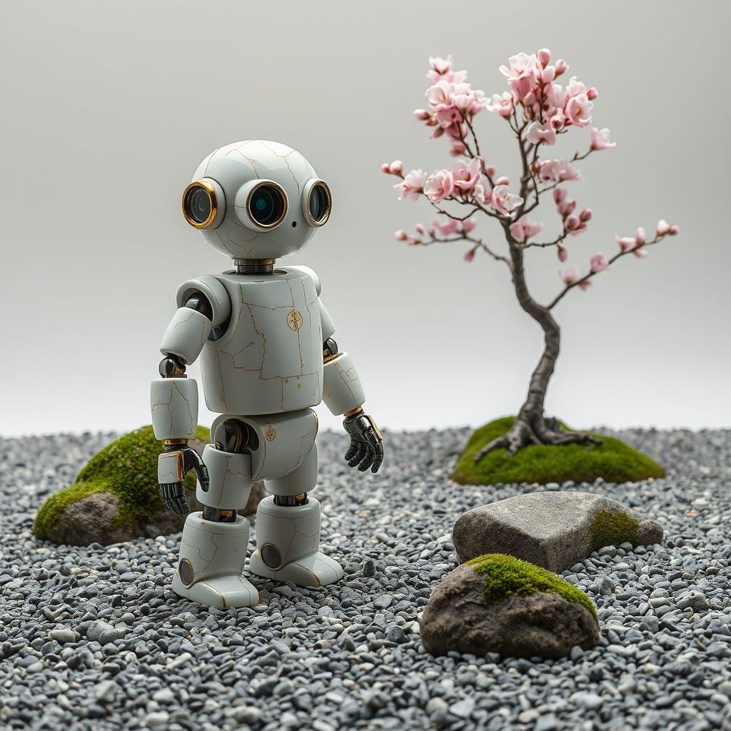 A whimsical robot assembled from mismatched porcelain shards, standing in a minimalist zen garden. The robot is adorned ...