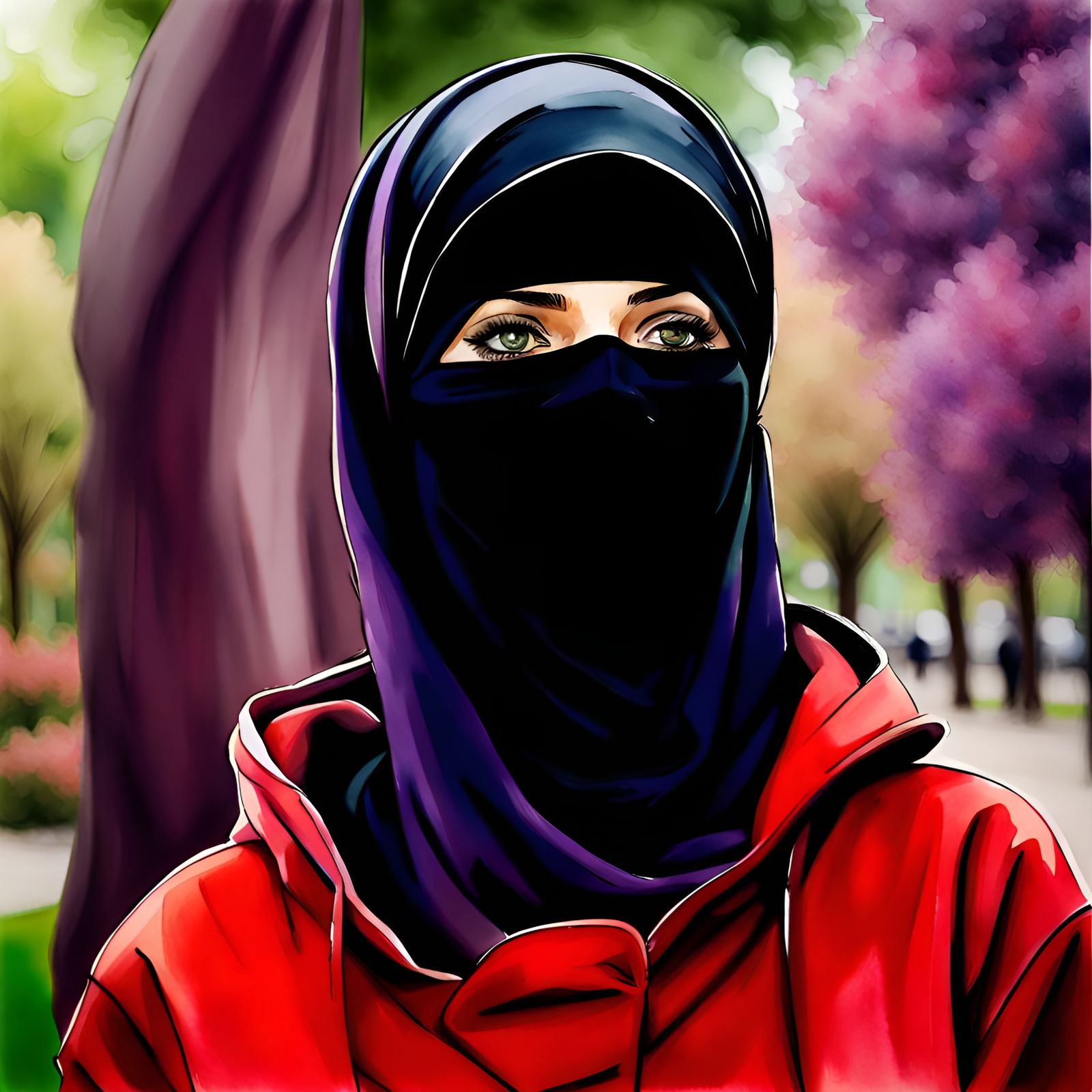 Niqabi Woman in City Park: Watercolor Sketch