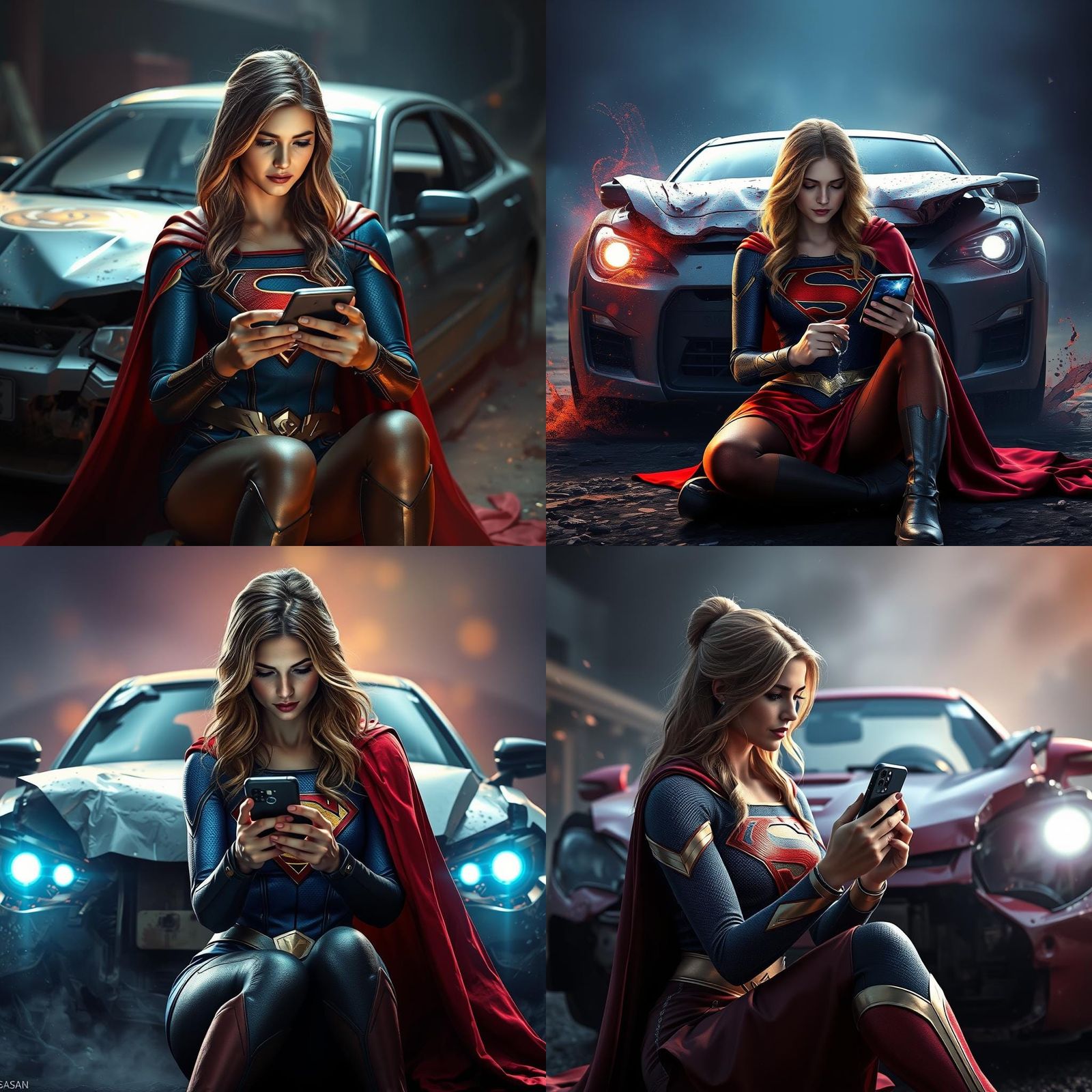 Supergirl Inspects Broken Phone: Detailed Matte Painting