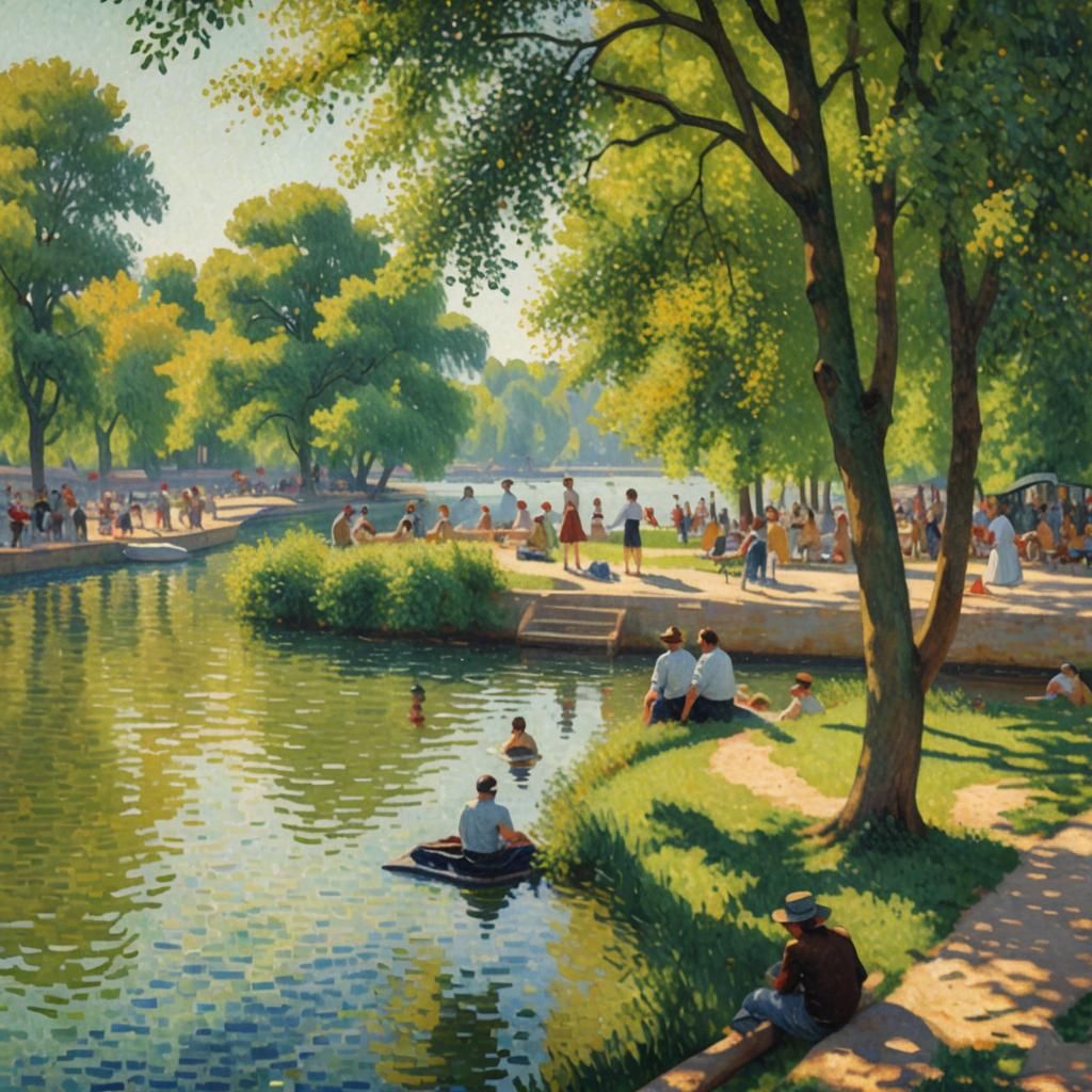 Seine River Bathers in Pointillist Style