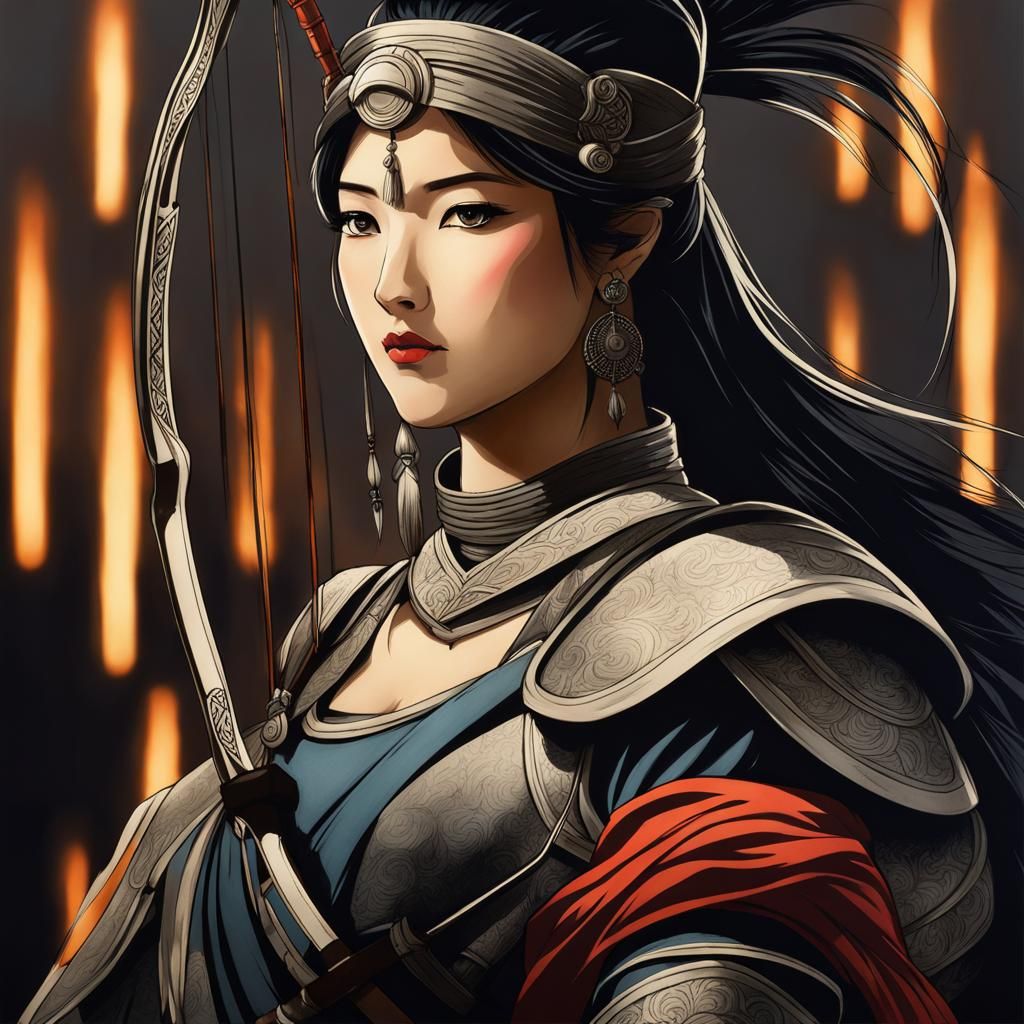 Female Archer on Horse in Ink Painting Style