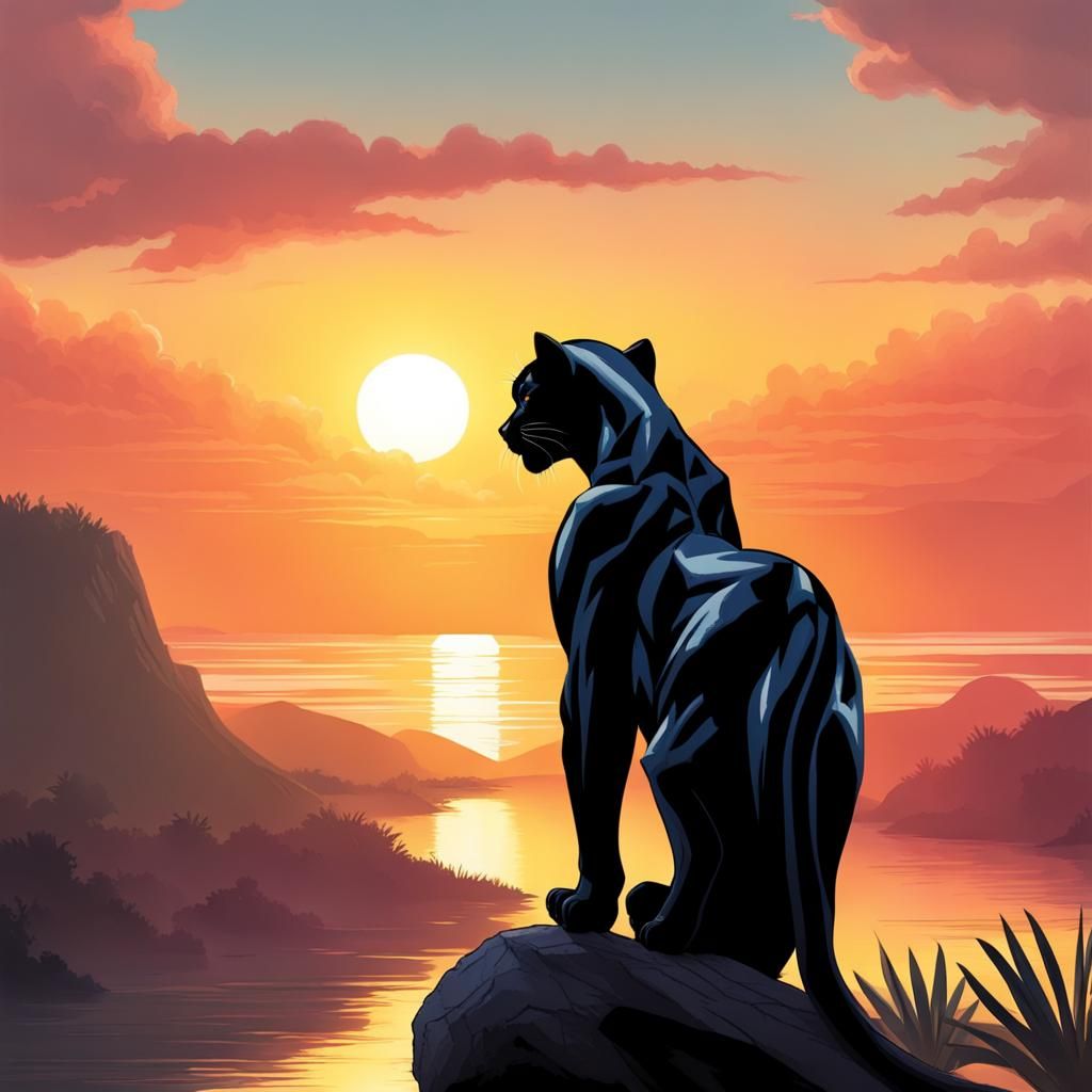 Black Panther Observes a Fiery Sunset