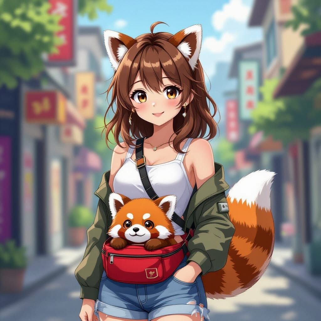 Anime Girl with Red Panda Fanny Pack