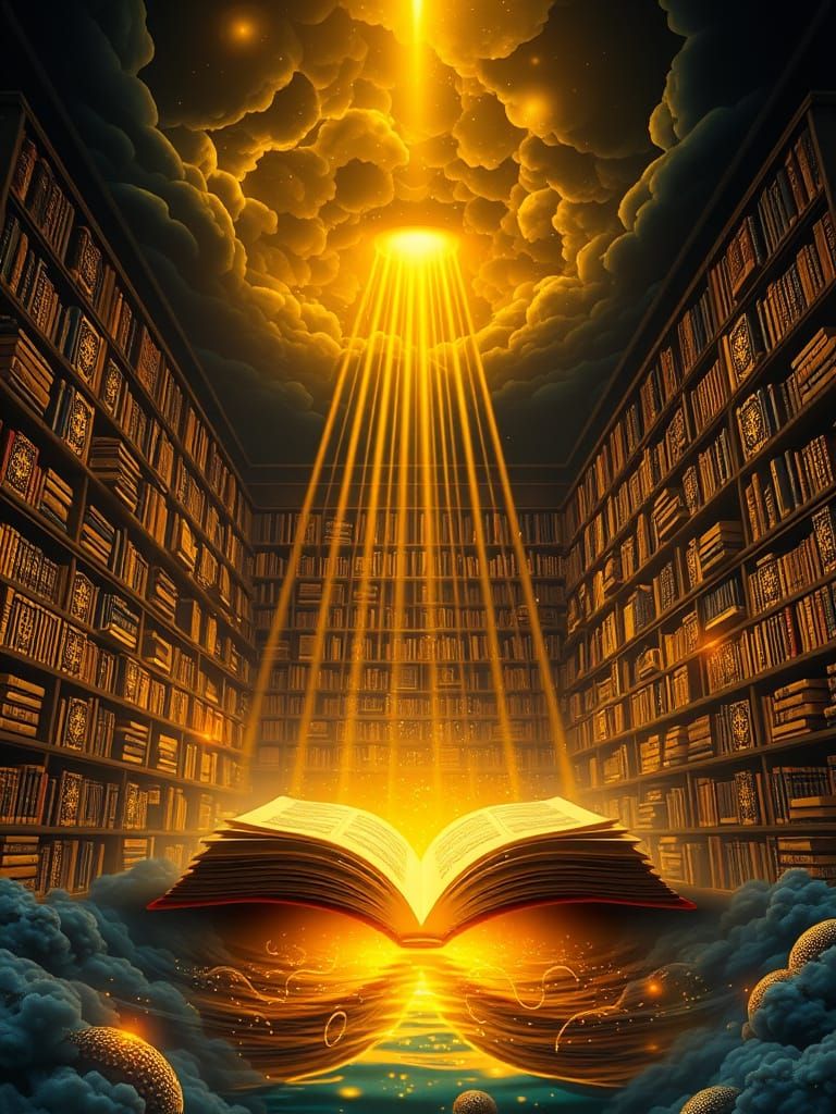 Bioluminescent Library with Glowing Books and Laser Beams