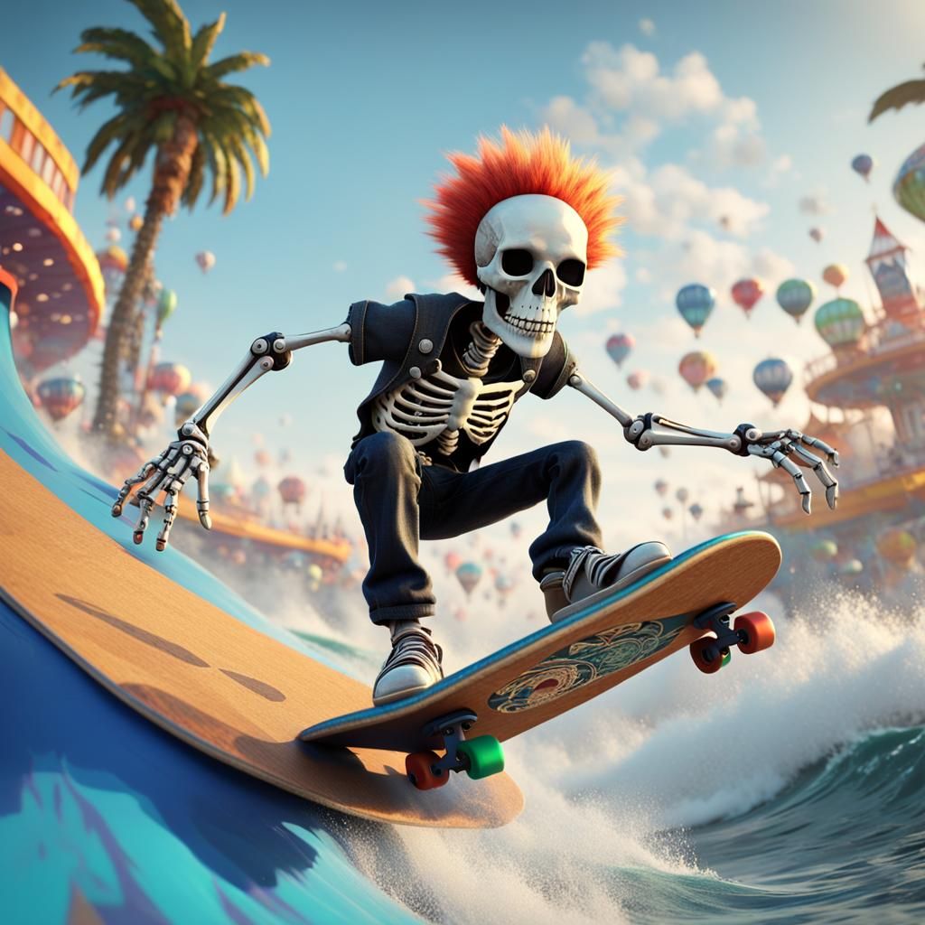 Punk Rock Skeleton Surfing Wave, 3D Cinematic