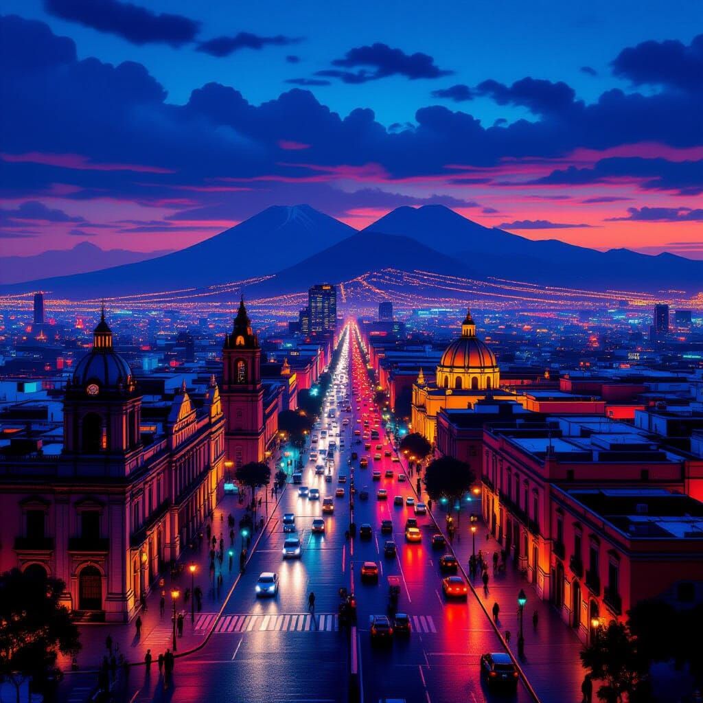 Mexico City at Dusk: Neon Lights and Volcano Silhouettes