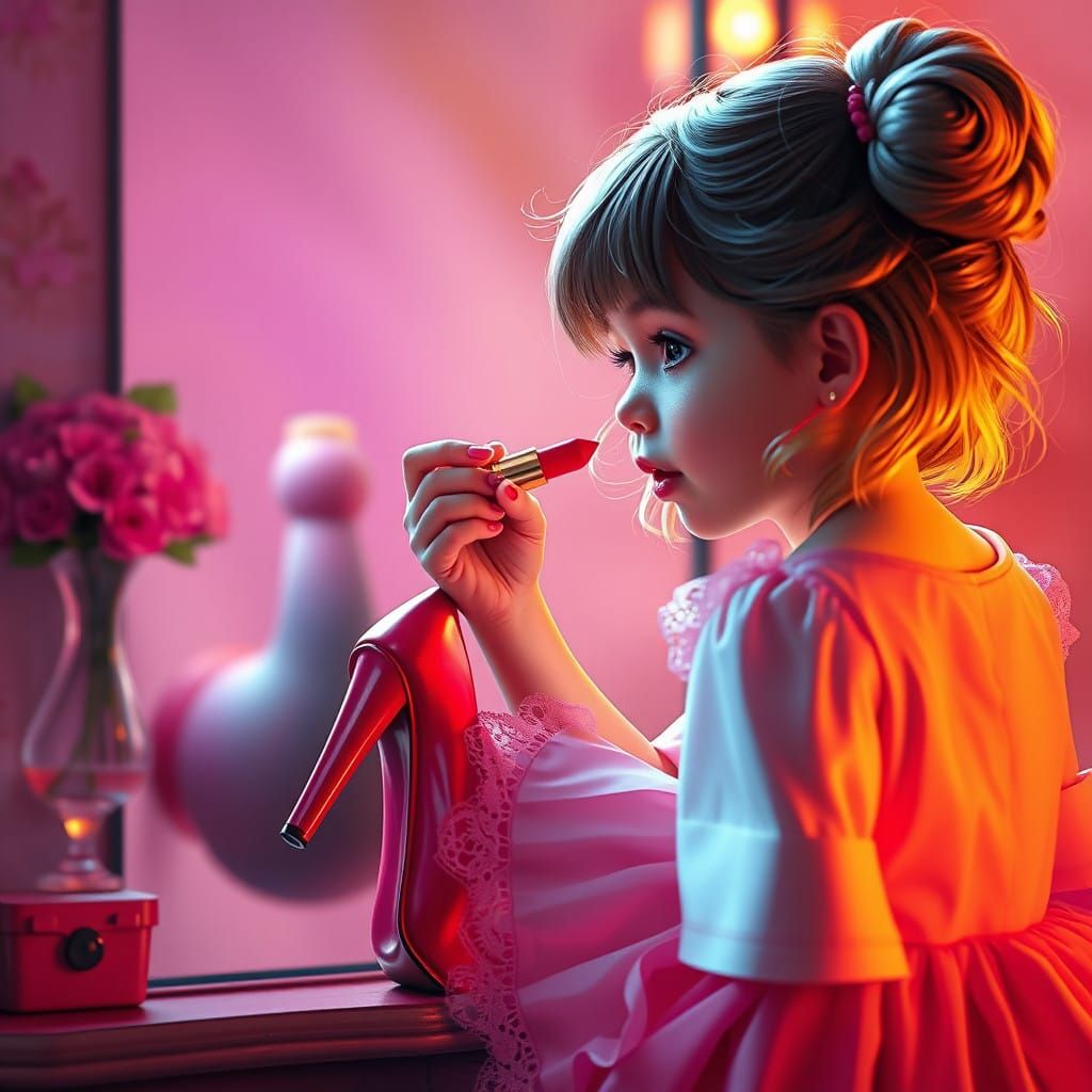 Little Girl Gently Paints Her Lips, Excited in Mother's Over...
