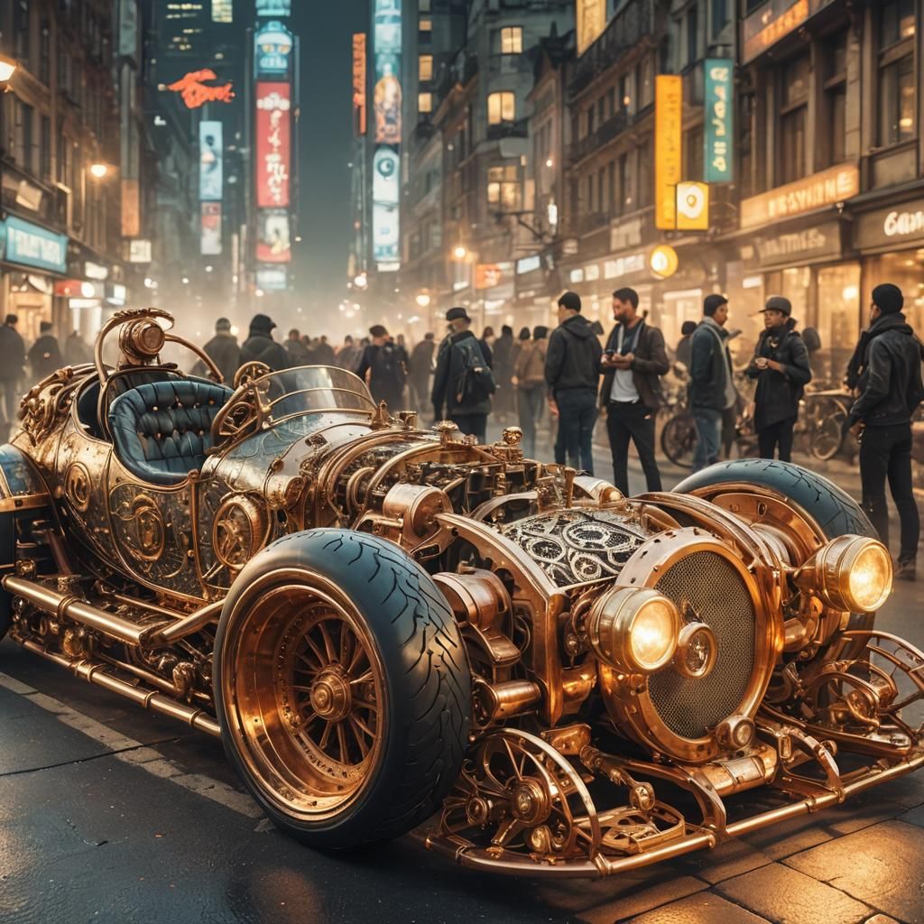 Steampunk Sports Car in Futuristic Cityscape