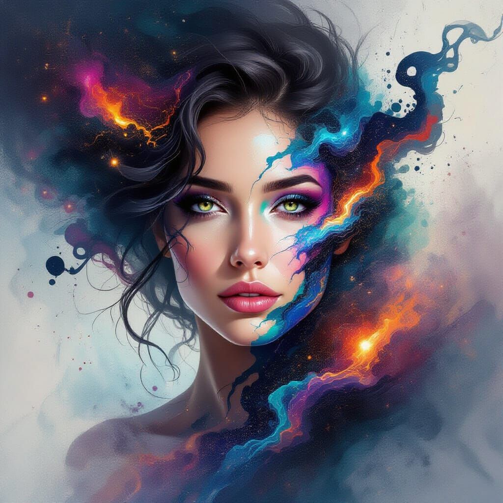 Surreal Woman Dissolving into Cosmic Ink and Dust