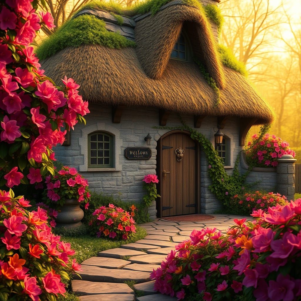 English Cottage in Vibrant Blooming Rhododendrons