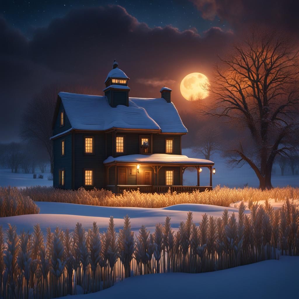 Kansas Farmhouse on Christmas Eve: Detailed Matte Painting