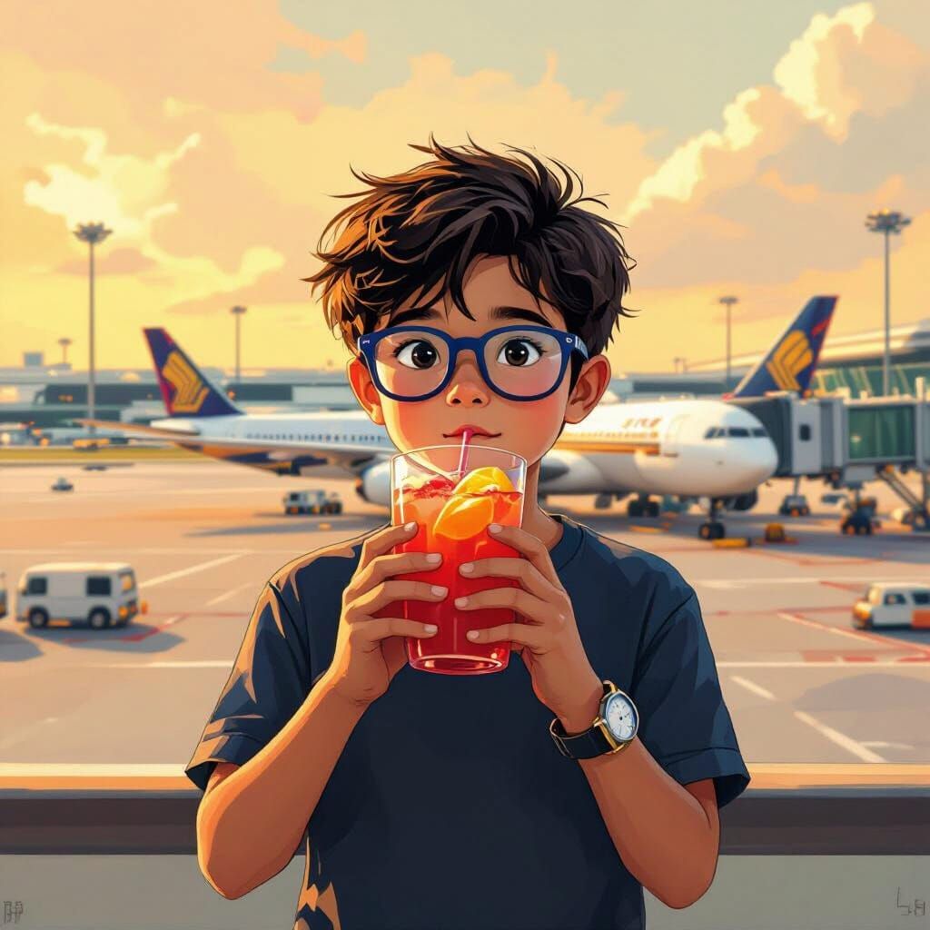 Boy at Singapore Airport in Vibrant Digital Art