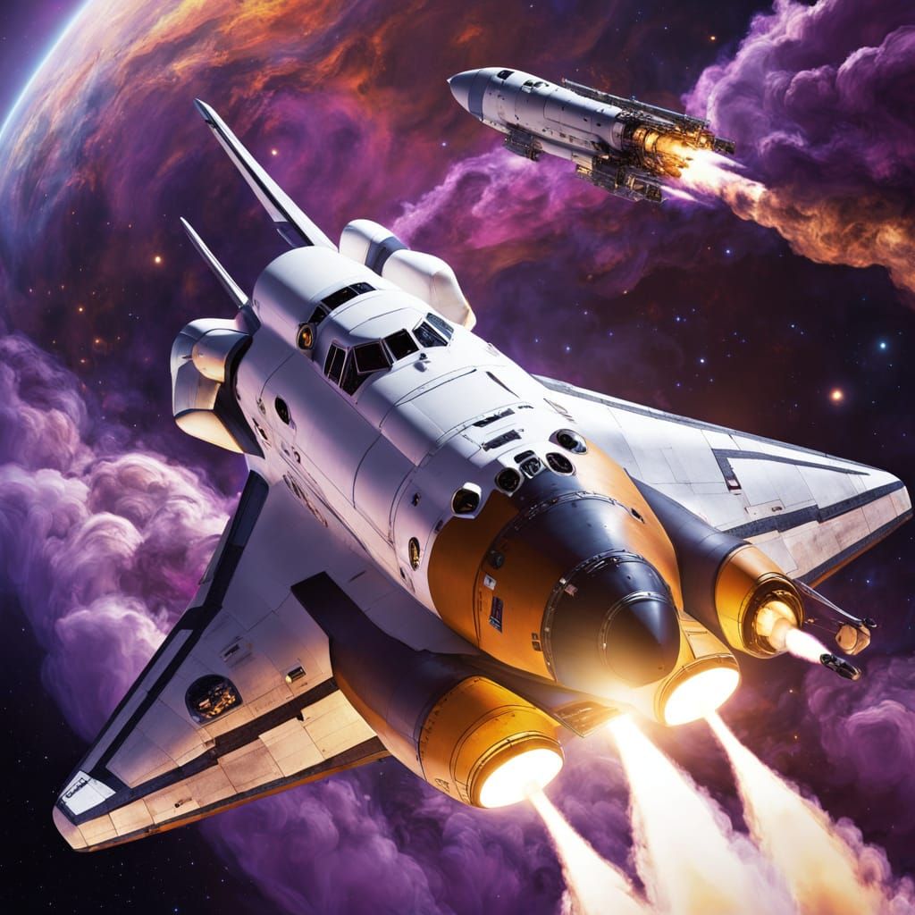 Majestic Space Shuttle Blazes Through Cosmic Nebula