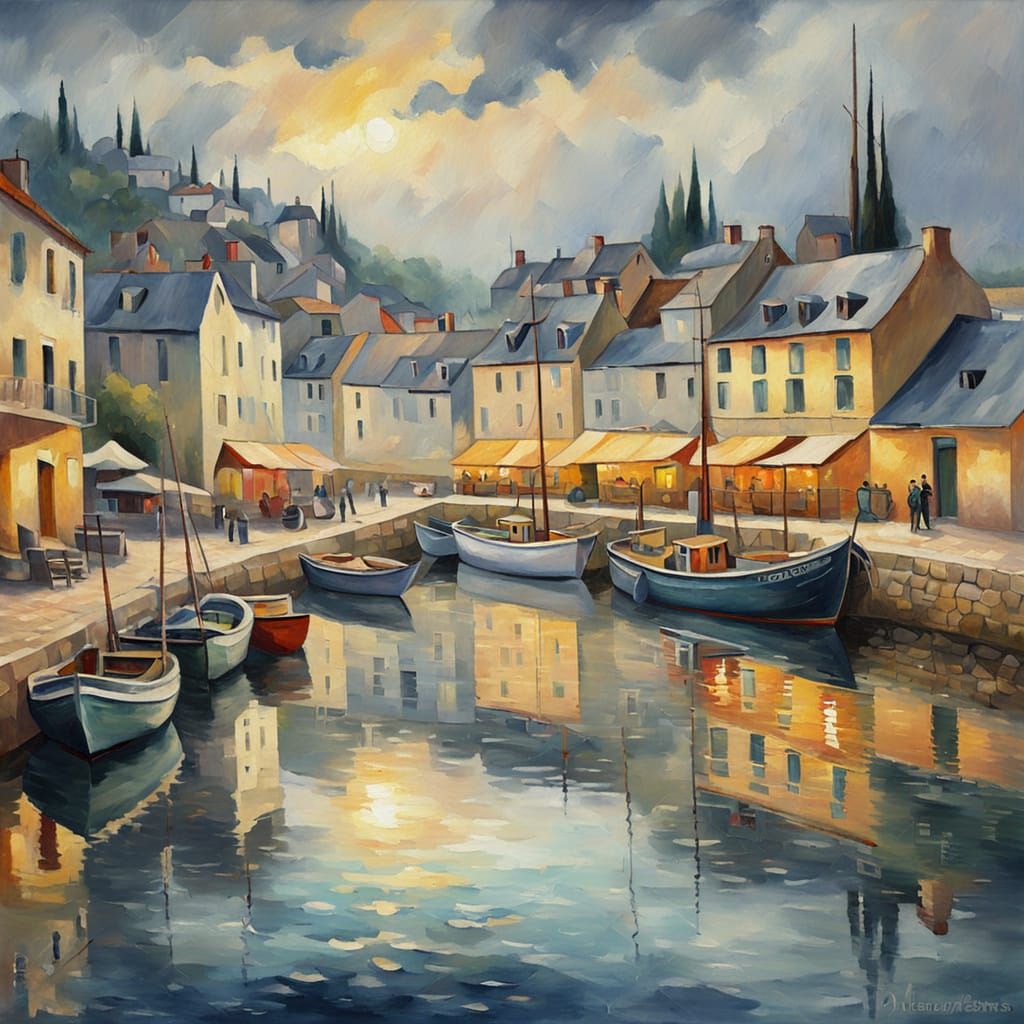 Idyllic Fishing Village in Impressionist Style