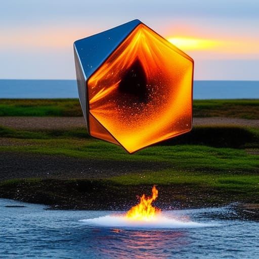 photorealistic Cube Made from water and  fire and wind and earth Nikon DSLR 35mm