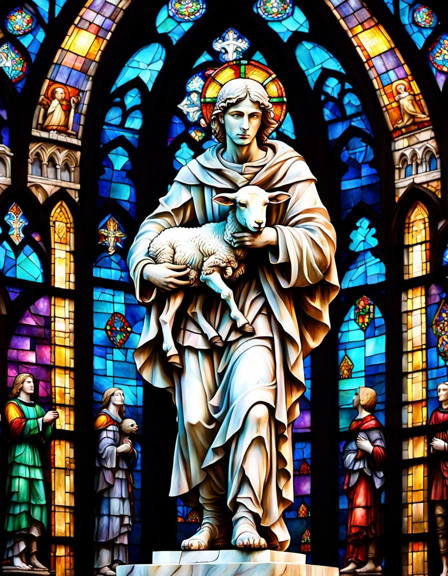 Marble Statue of Teenager with Lamb in Cathedral