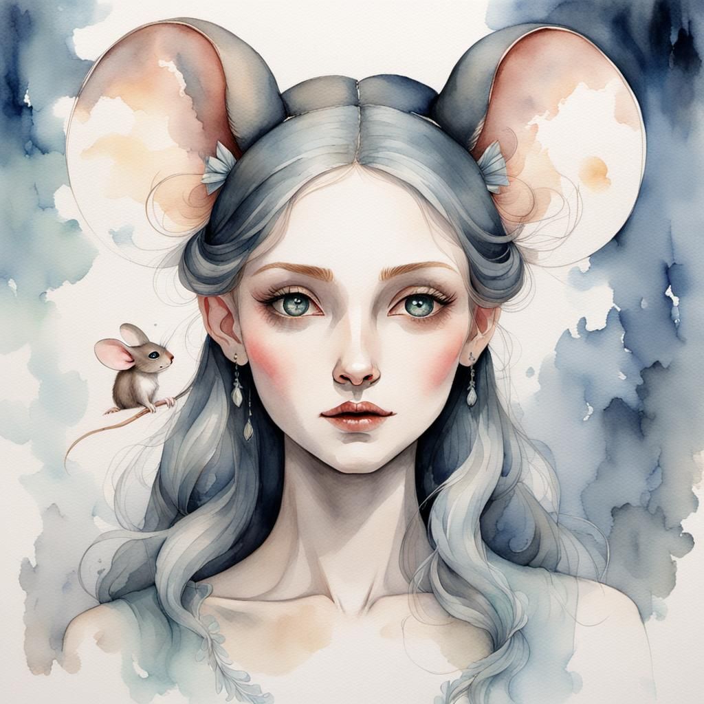 Magical Mouse-Girl Portrait in Watercolor Style