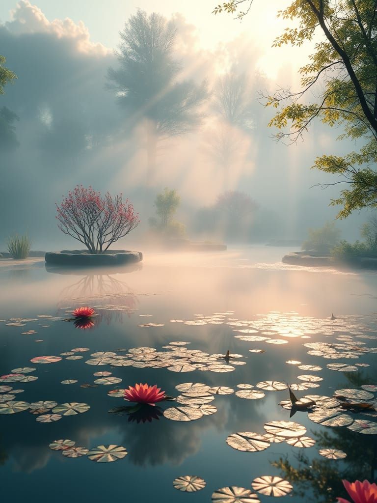 Ethereal Morning Fog Over Serene Pond in 3D Anime Style