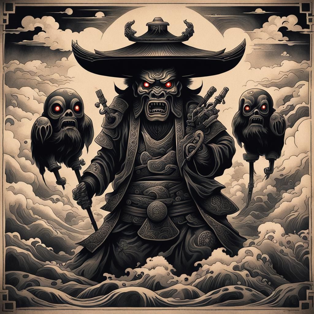 Japanese Totem Tattoo with Ghosts in Dark Art Style