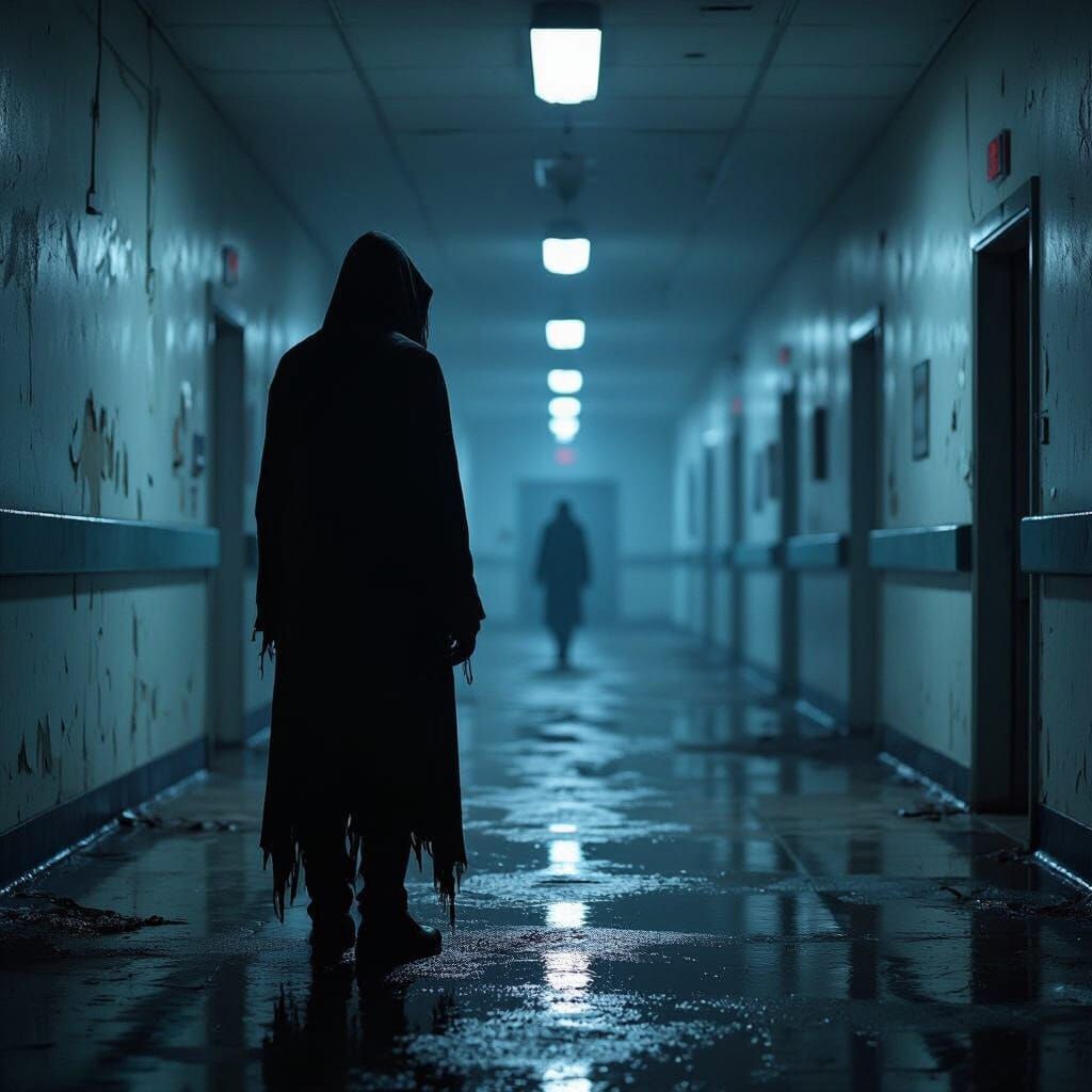 Haunting Figure in Abandoned Hospital Corridor