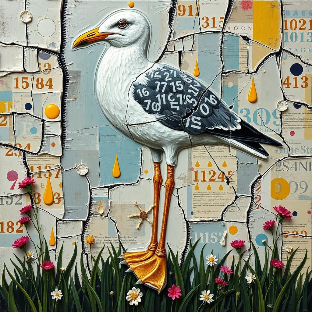Vibrant Impasto Painting of a Colossal Seagull in a Surreal ...