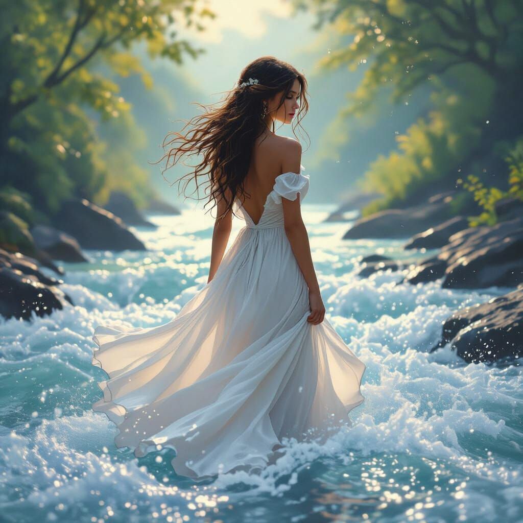 Dreamlike Woman Swept Away by River Current