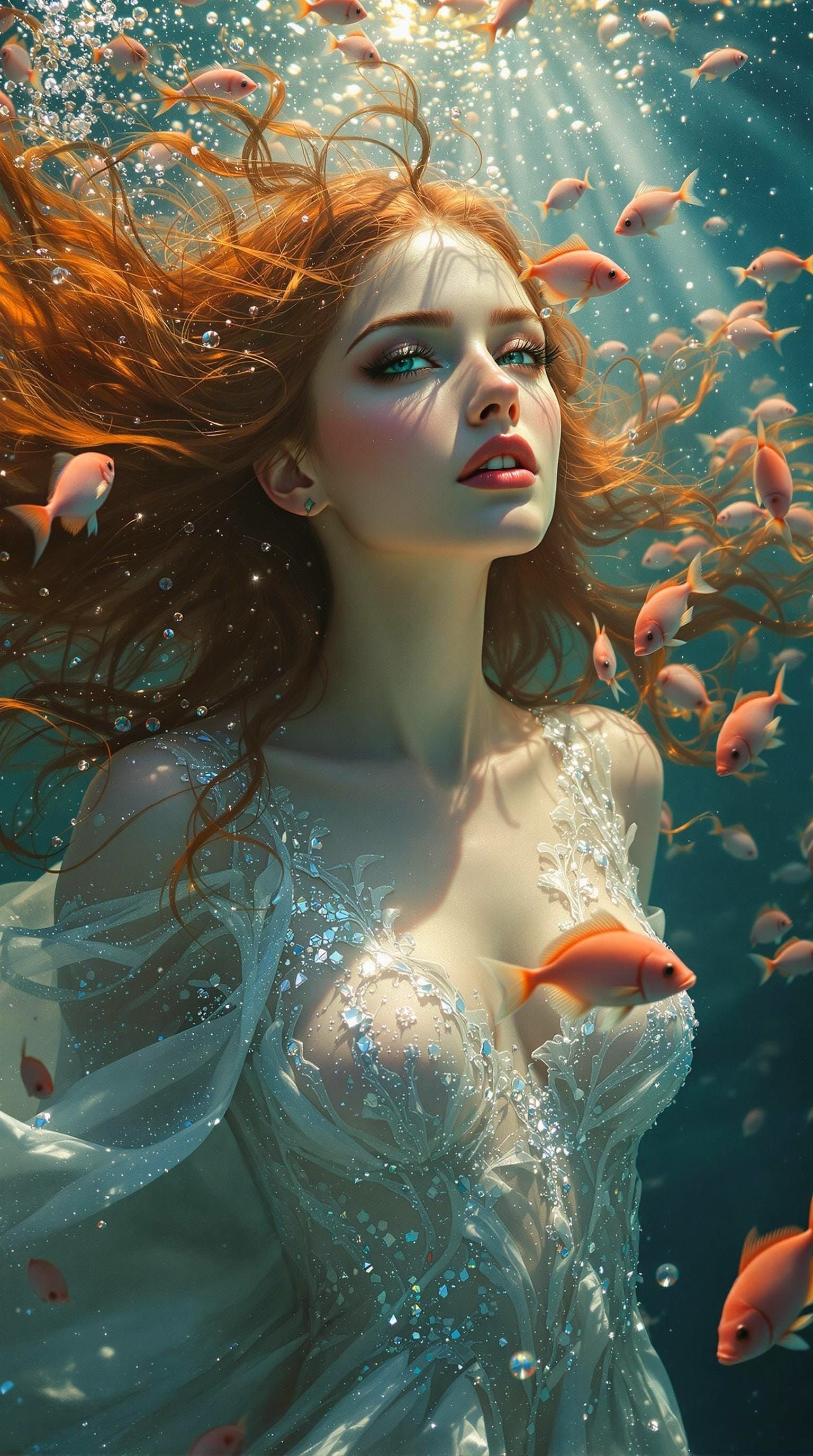 Delicate Ethereal Woman in Edwardian Gown Underwater