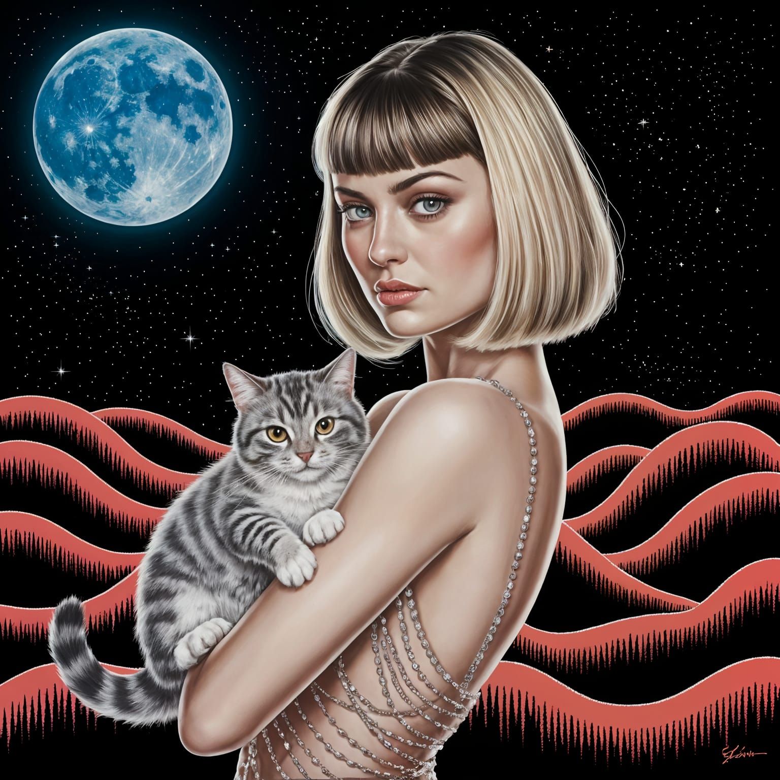 Sultry Blonde Woman Captured in Dreamlike Moonlit Portrait