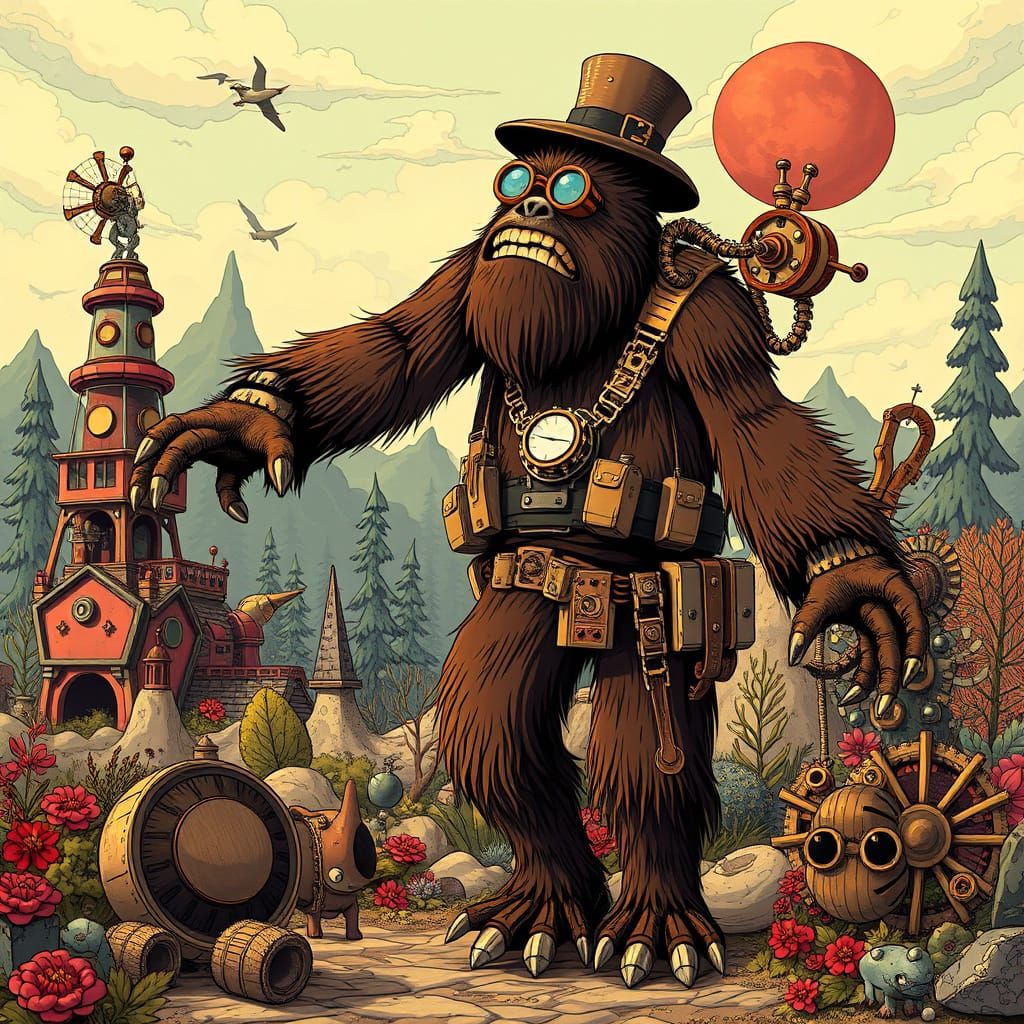 Steampunk Sasquatch in Whimsical Tim Burton Landscape