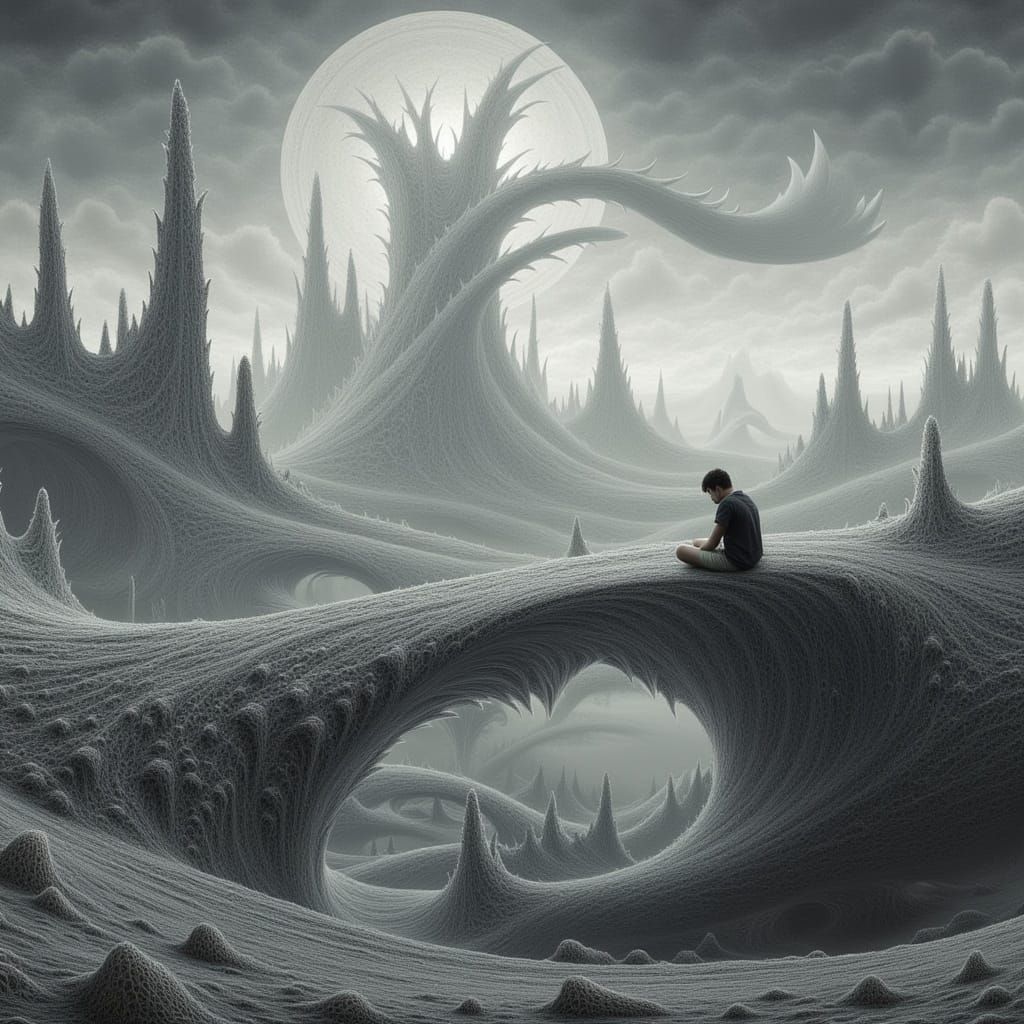 Surreal Landscape with Fractal Patterns and Contemplative Fi...