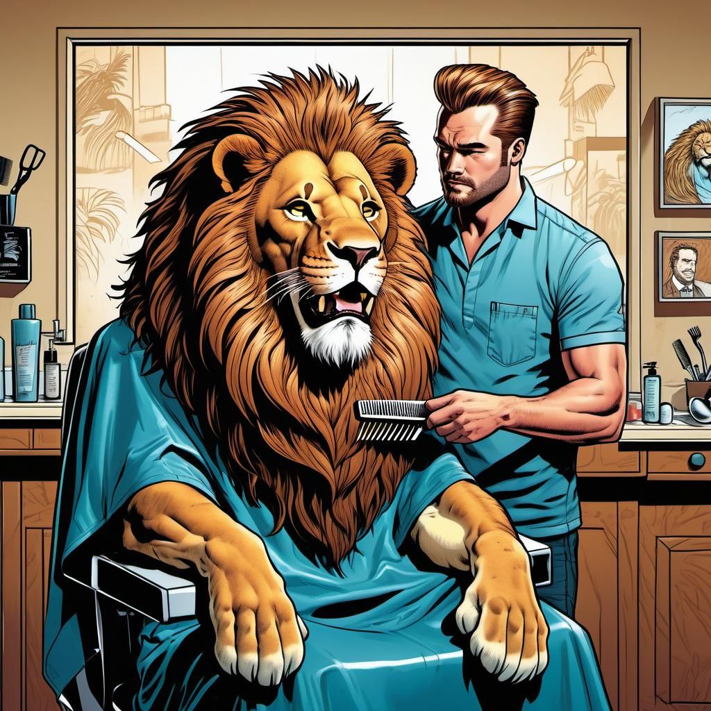Lion at the Hairdresser's in Comic Style