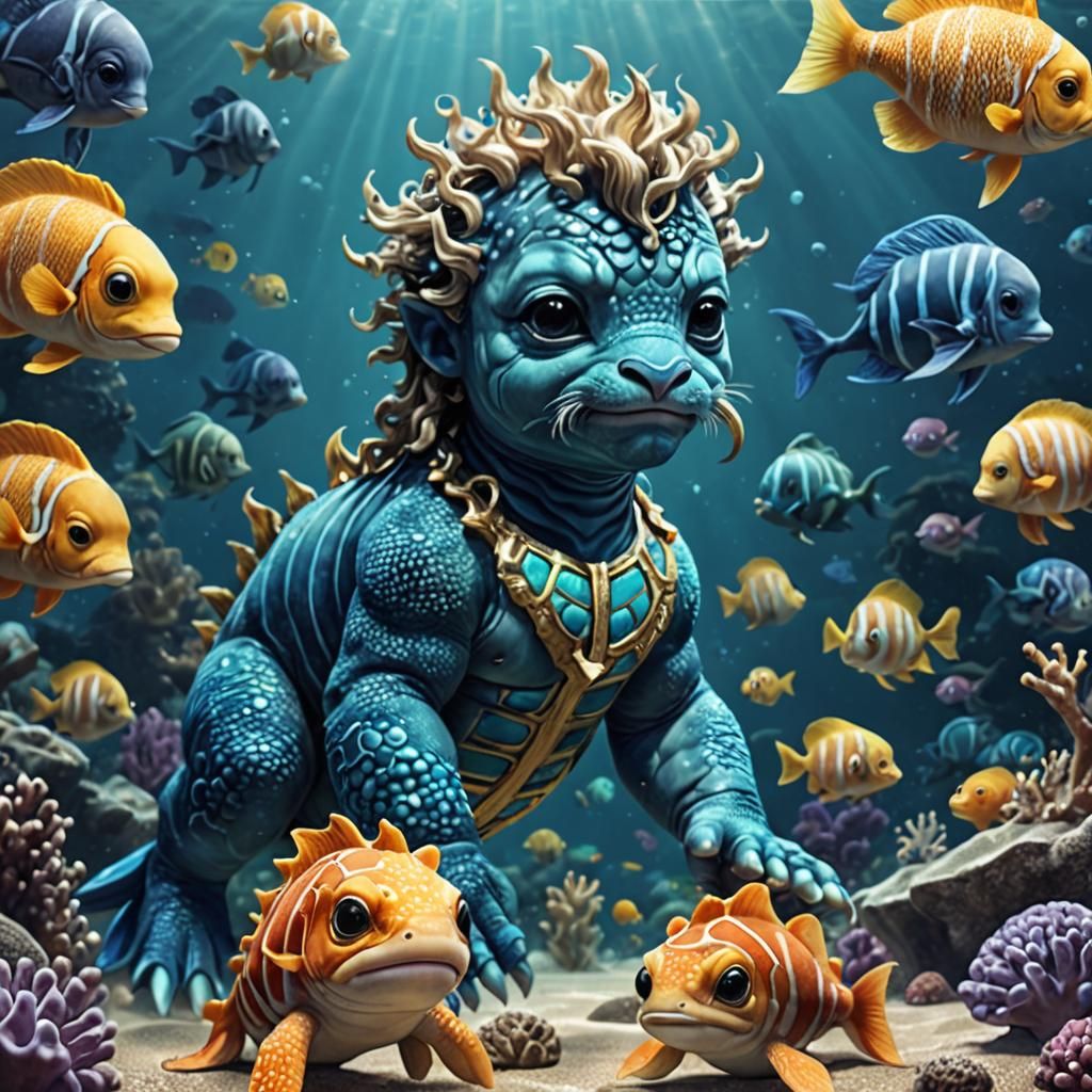 Poseidon's Adorable Animal Babies: AI Generated Image