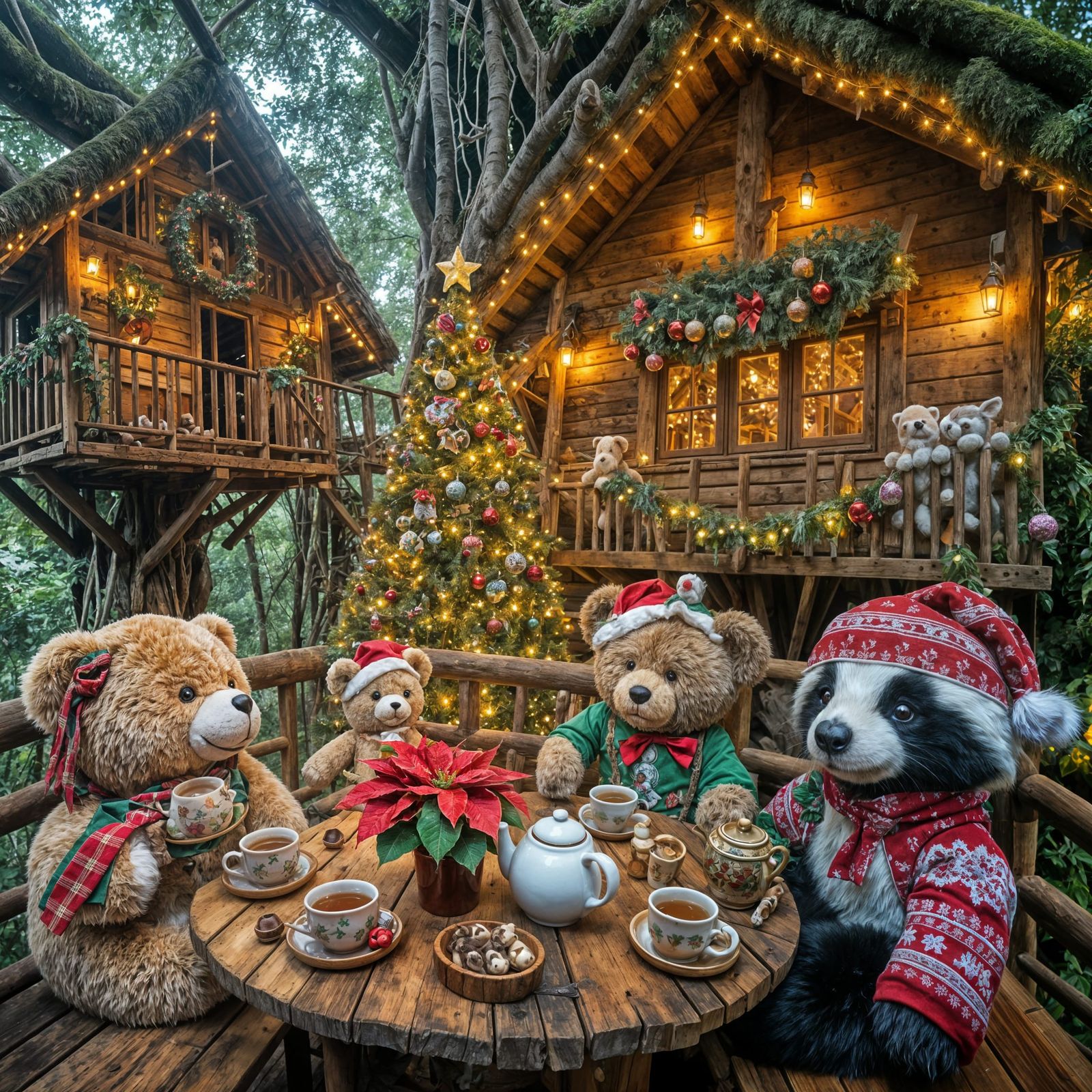 Teddy Bear, Rabbit, and Skunk Enjoy Whimsical Christmas Tree...