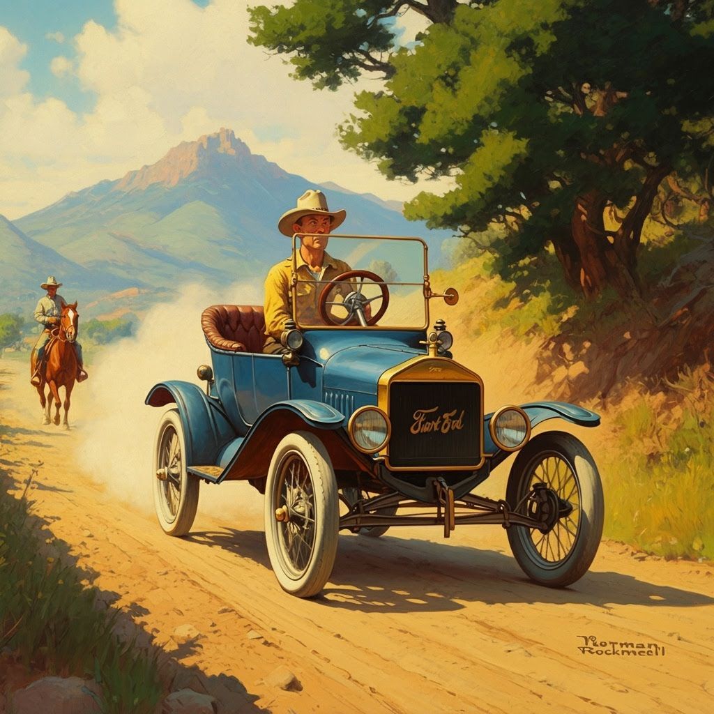 Impressionistic Oil Painting of Model T Ford and Cowboy