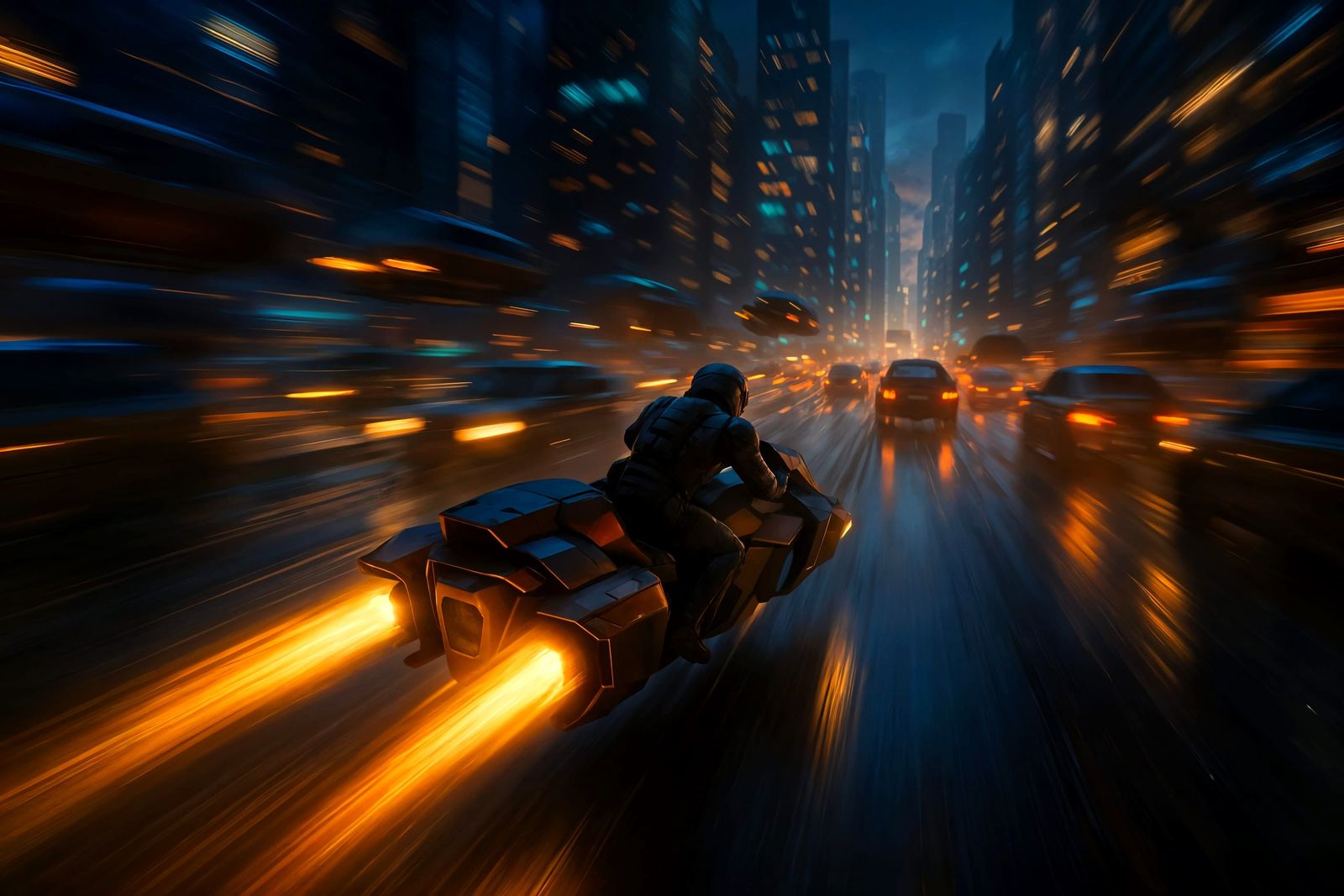 Futuristic Speeder Slices Through Crowded Cityscape