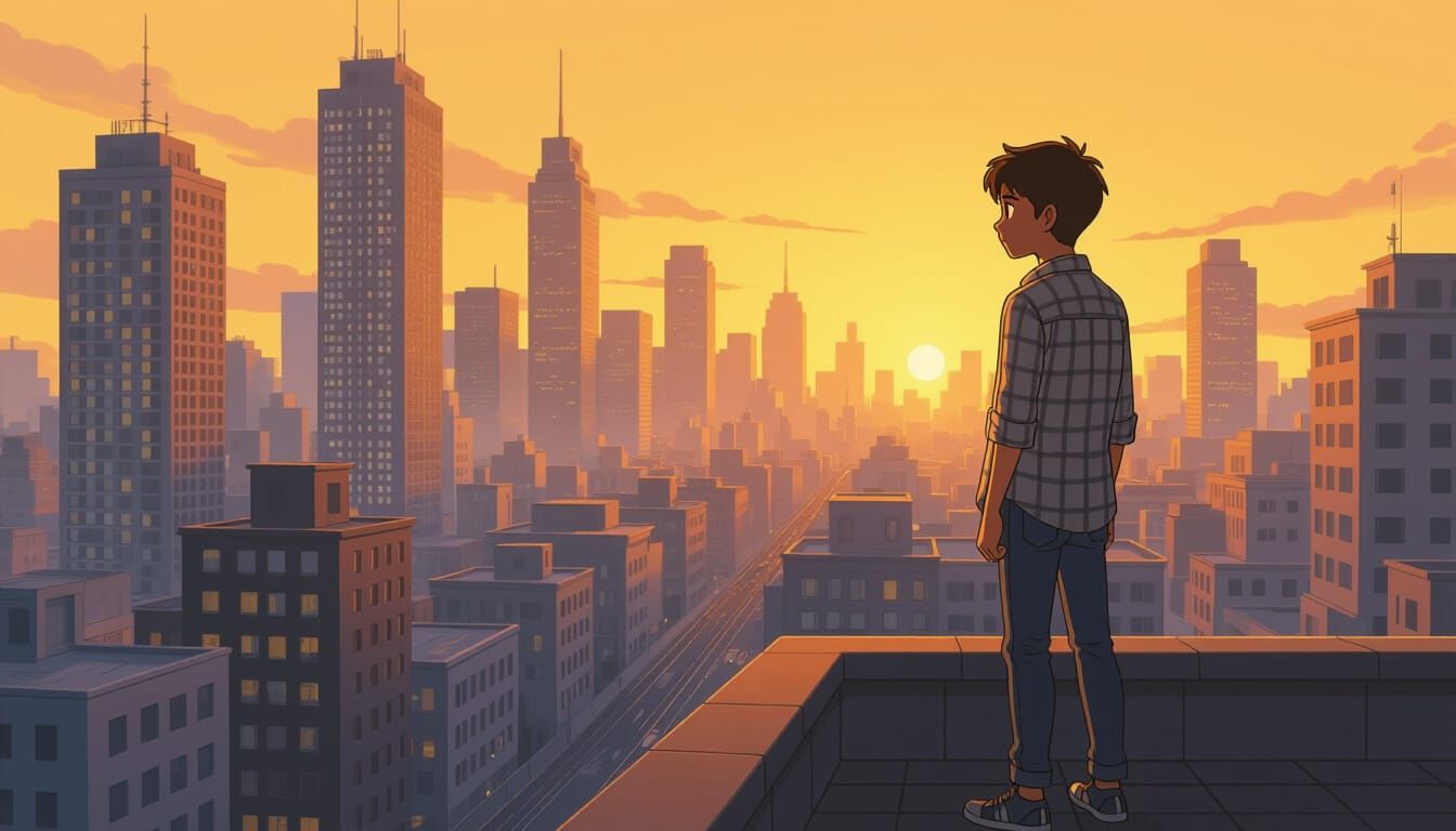 Indian Boy Gazes at Ghibli-Style Cityscape at Dawn