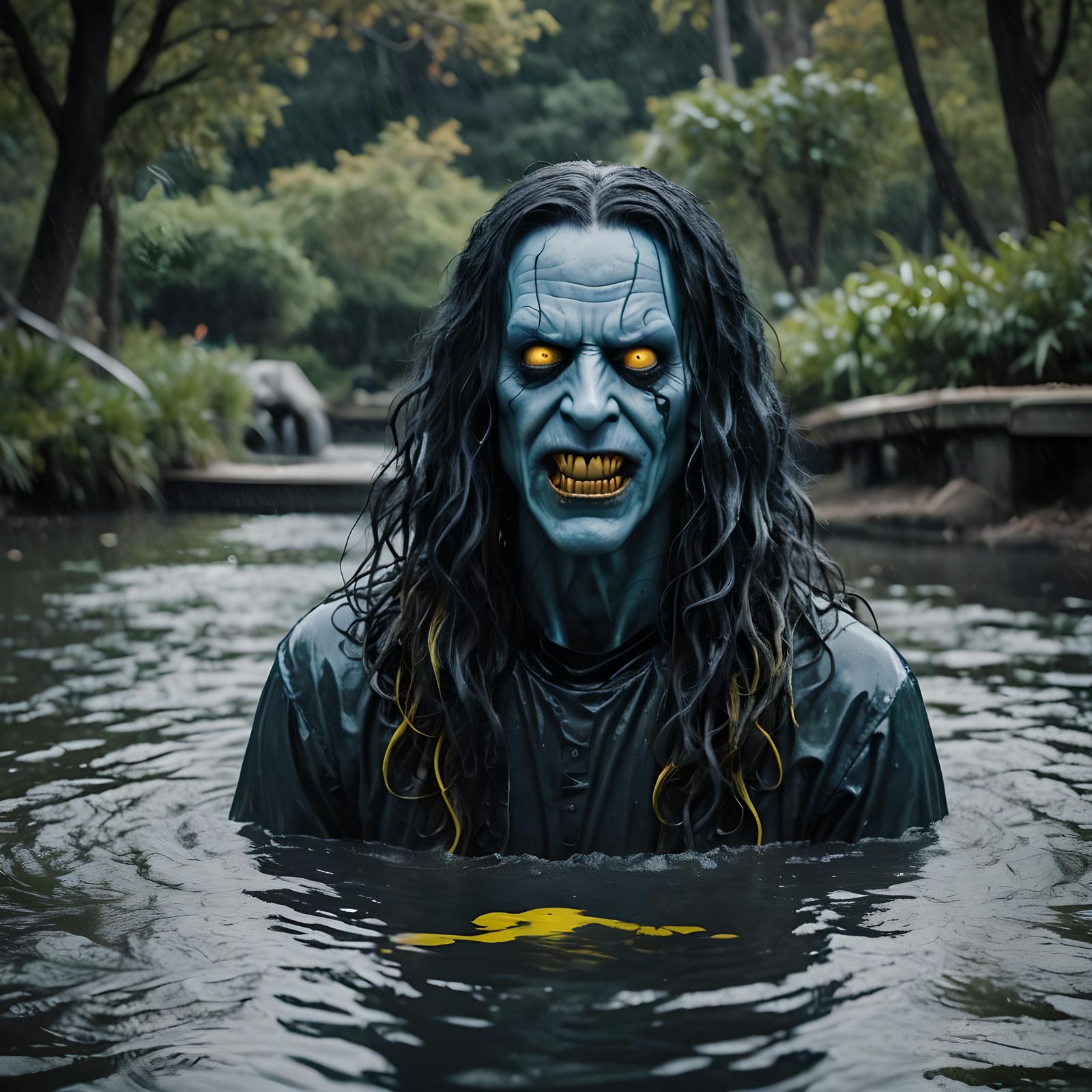 A horror movie villain that's a pale light blue man with long dark blue hair, and glowing yellow eyes and sharp teeth in...