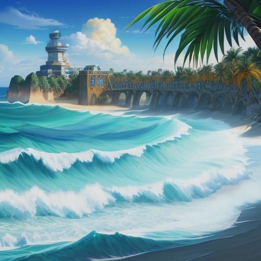 Tropical beach Unreal Engine Splash art Studio Ghibli Pendleton Ward Julia Pott H.R. Giger split-complementary colors wa...