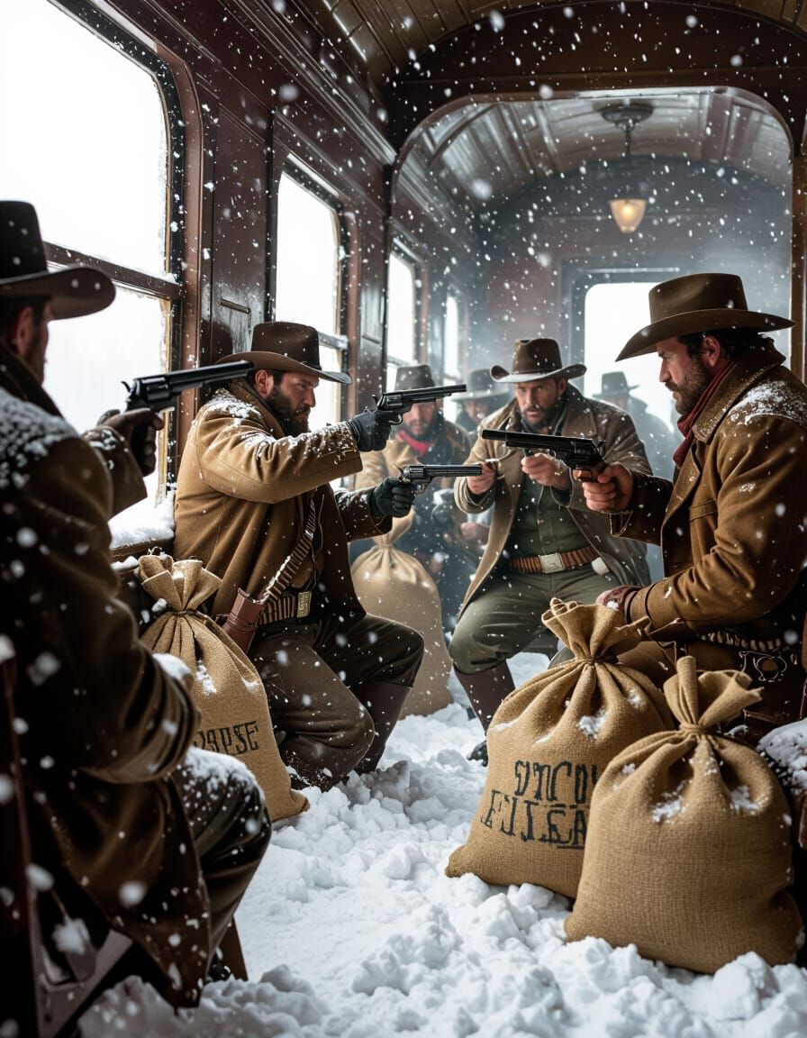 Old West Train Robbery in Winter Snow