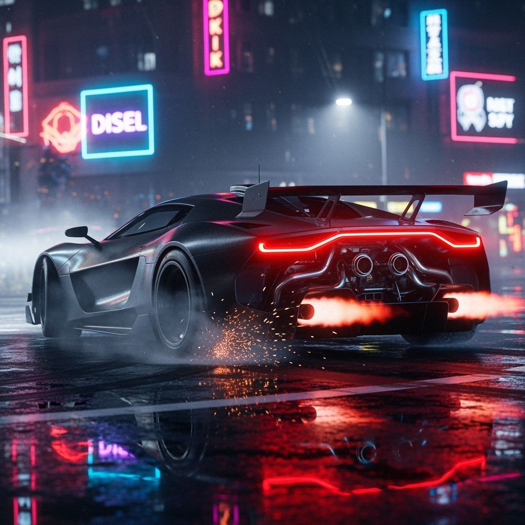 Futuristic Diesel Hypercar Drifting on Wet Neon Street