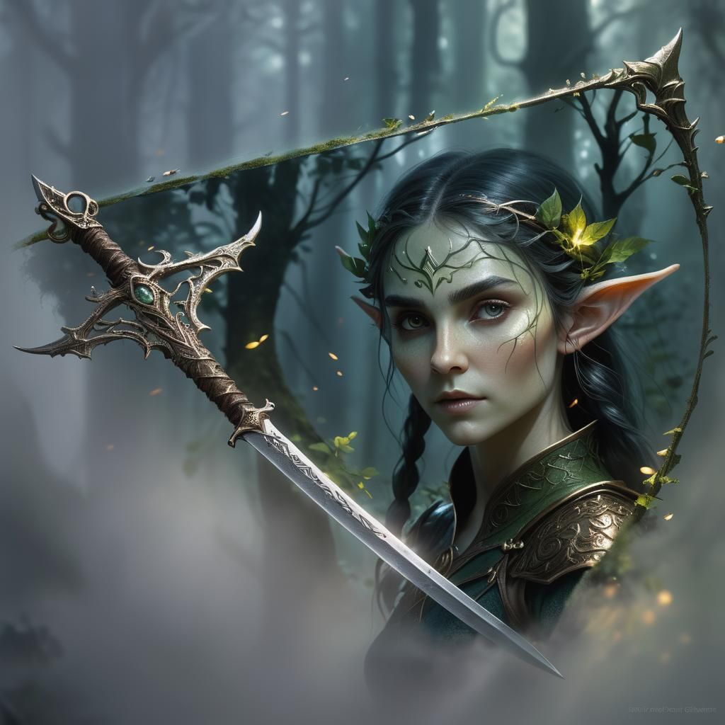 Elf Woman with Magical Dagger in Hyperrealistic Style