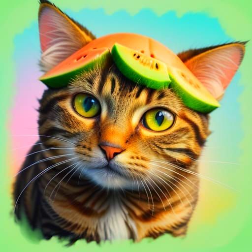 Cute Fluffy Tabby Cat Wearing a Melon Hat