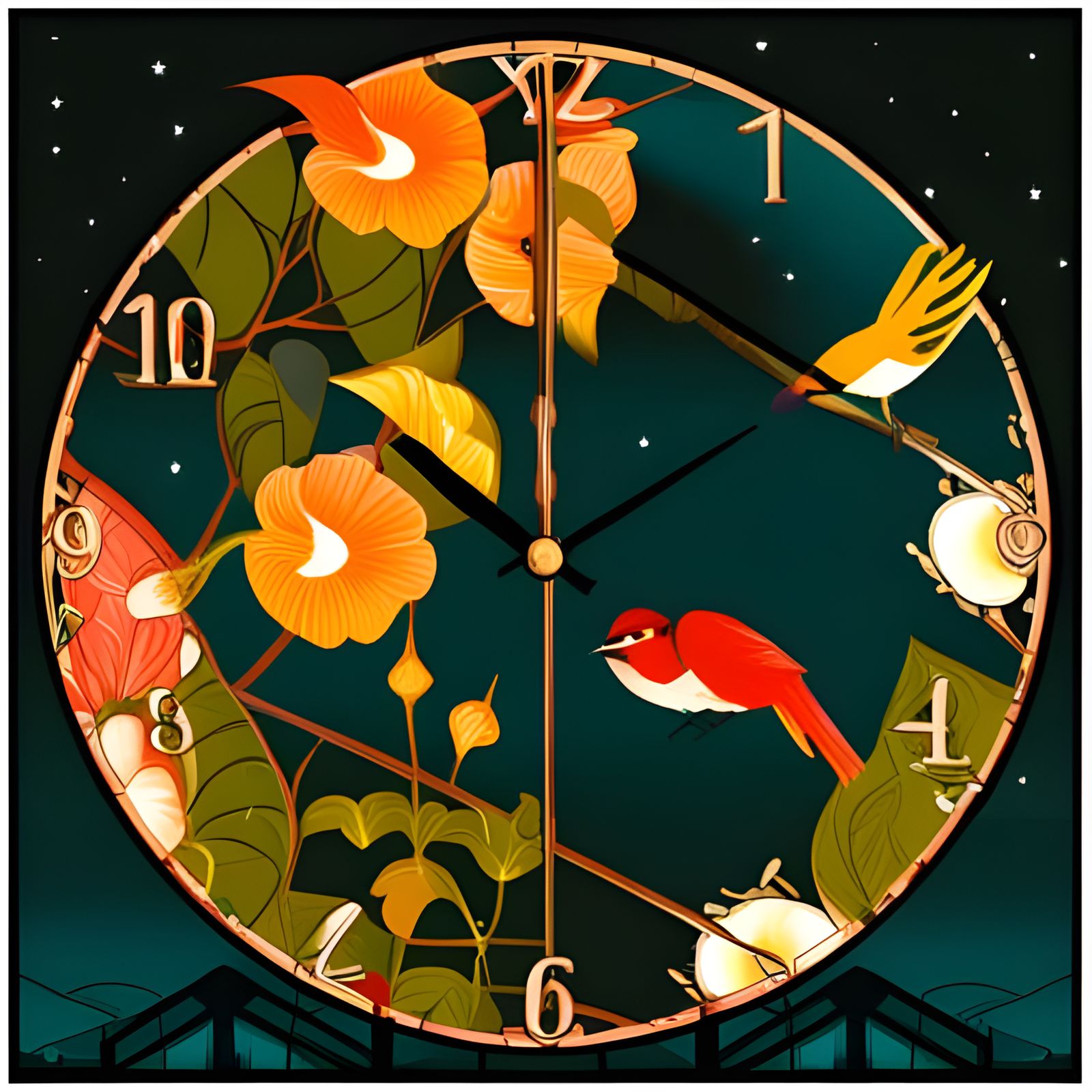 Art Deco Clock Tower with Exotic Birds at Night