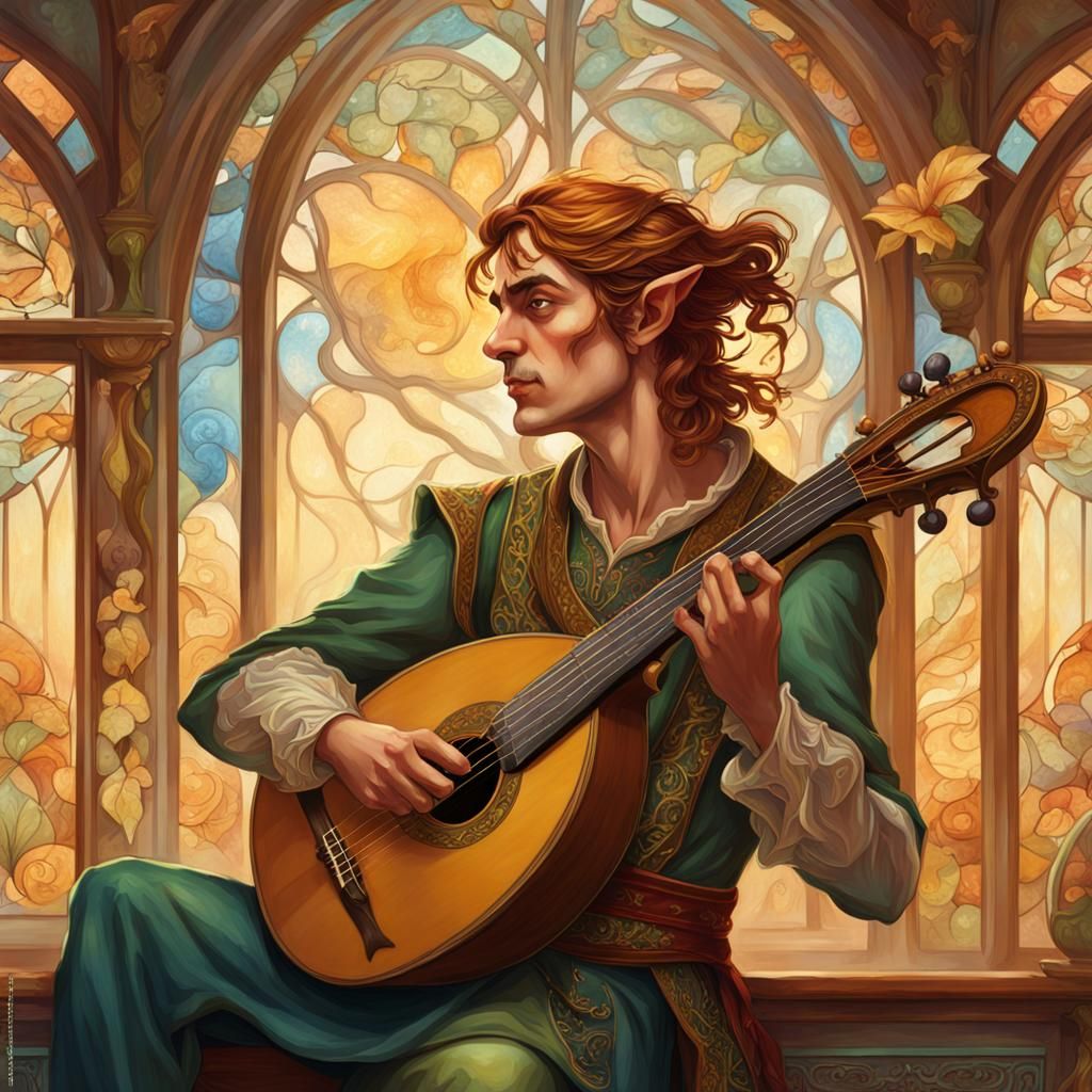 Art Nouveau Elf Bard in Ballroom